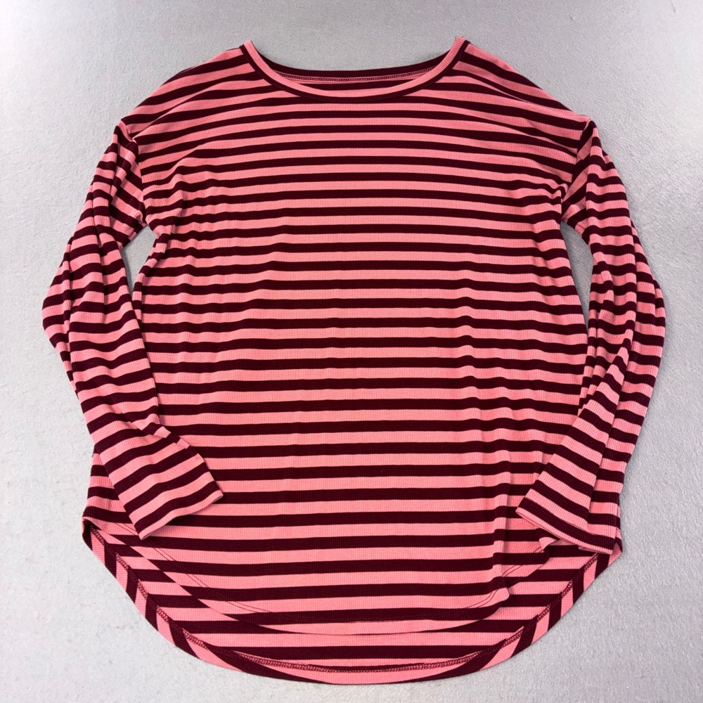 Old Navy Striped Top Womens XL Pink Burgundy Ribbed Long Sleeve Curved Hem